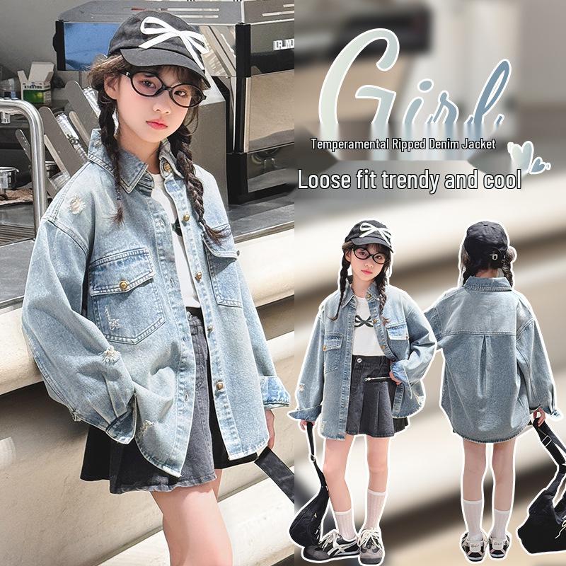 Big Girls' Fashion-Forward Distressed Denim Shirt Jacket - Spring/Autumn 2025