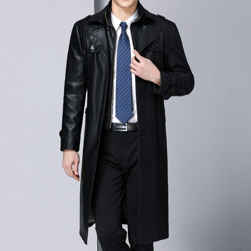 Chaqueta de Cuero para Hombre en Otoño e Invierno Nuevo Estilo Chaqueta de Cuero de Oveja para Padre de Mediana Edad Chaqueta Cortavientos Larga de Cuero con Cuello de Traje para Hombre