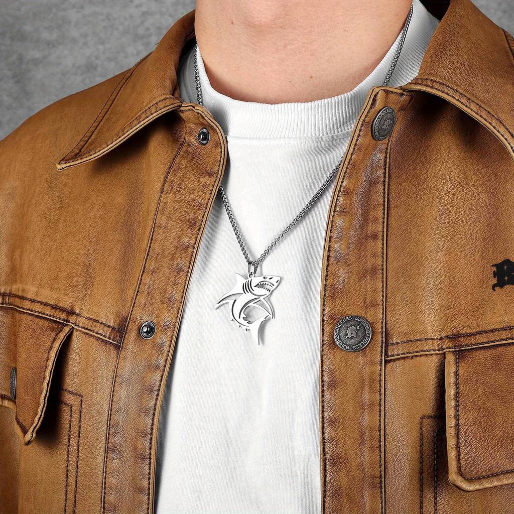 Large White Shark Hollow Necklaces Men's Pendant Stainless Steel T-Shirt Chain Female Punk Fashion Jewelry Accessories Gifts