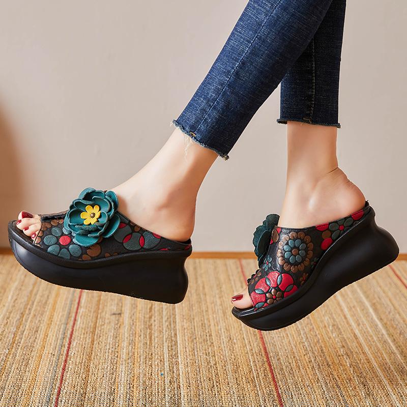 Fashion GKTINOO 2025 Retro Slippers Genuine Leather Shoes Handmade Slides Flip Flop On The Platform Clogs For Women Flower Woman Slipper