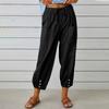 Women's High Waist Linen Pants Loose Fit Cropped Trousers Solid Drawstring Button Casual Fall Harem Pants