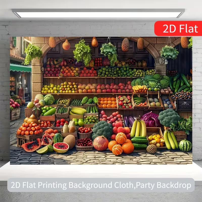2D Old Town Grocery Backdrop, Fresh Market Scene Background for Farm-to-Table & Organic Events