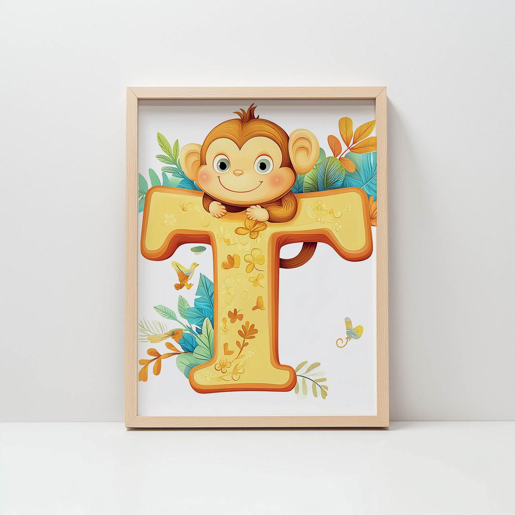 Plakat Wesoła Małpka Z Literą T Plakat Wesoła Małpka Z Literą T, 50X70 Cm, Rama Drewniana Jasny Dąb, Papier Matowy 230 Gsm