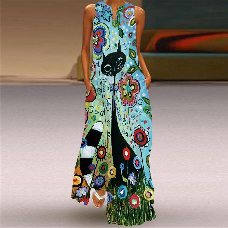 Fashion Style New Summer Women's Clothes Sleeveless Maxi Dress V-neck 3D Print Emerald Flower Dress Trendy Good Quality Beach Dress