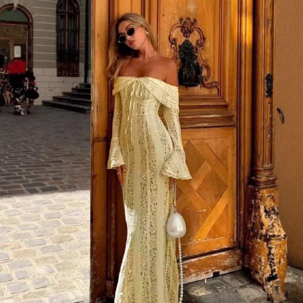 Elegante Abito in Pizzo Bardot a Vita Alta per la Moda Primavera Donna