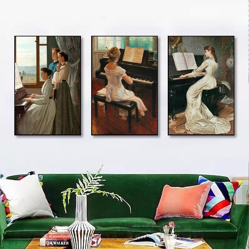 Vintage Girls Play Piano Poster European Figure Canvas Prints Painting Wall Art Picture for Living Room Interior Home Decor