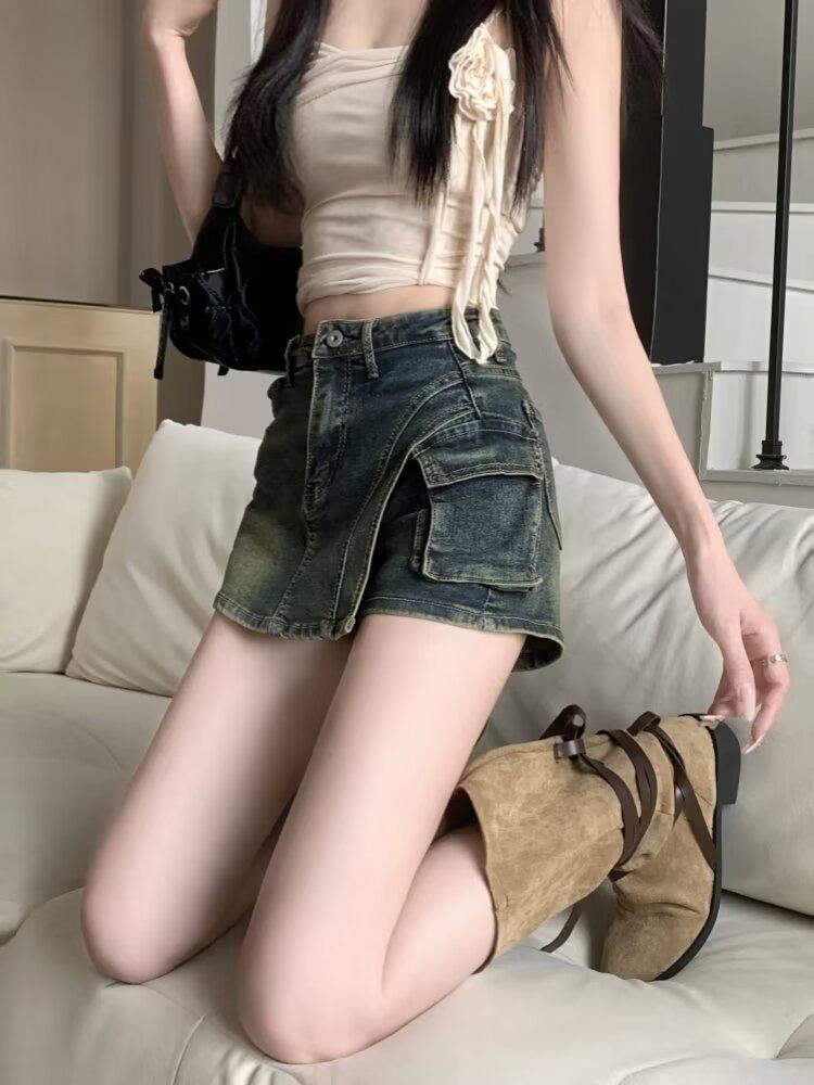 2024 Summer American Retro High-Waist A-Line Denim Skirt with Pockets