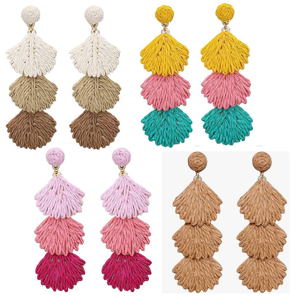 Raffia Dangle Earrings for Women - Boho Statement Rattan Drop Jewelry Shell Design, Lightweight Summer Beach Trendy Accessories