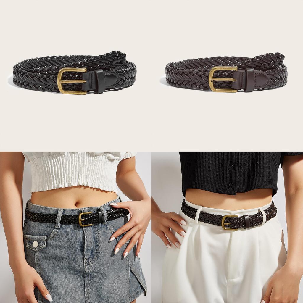 No Ip Womens Wide Woven Pu Leather Belt With Metal Pin Buckle For Casual Fashion Summer Wear