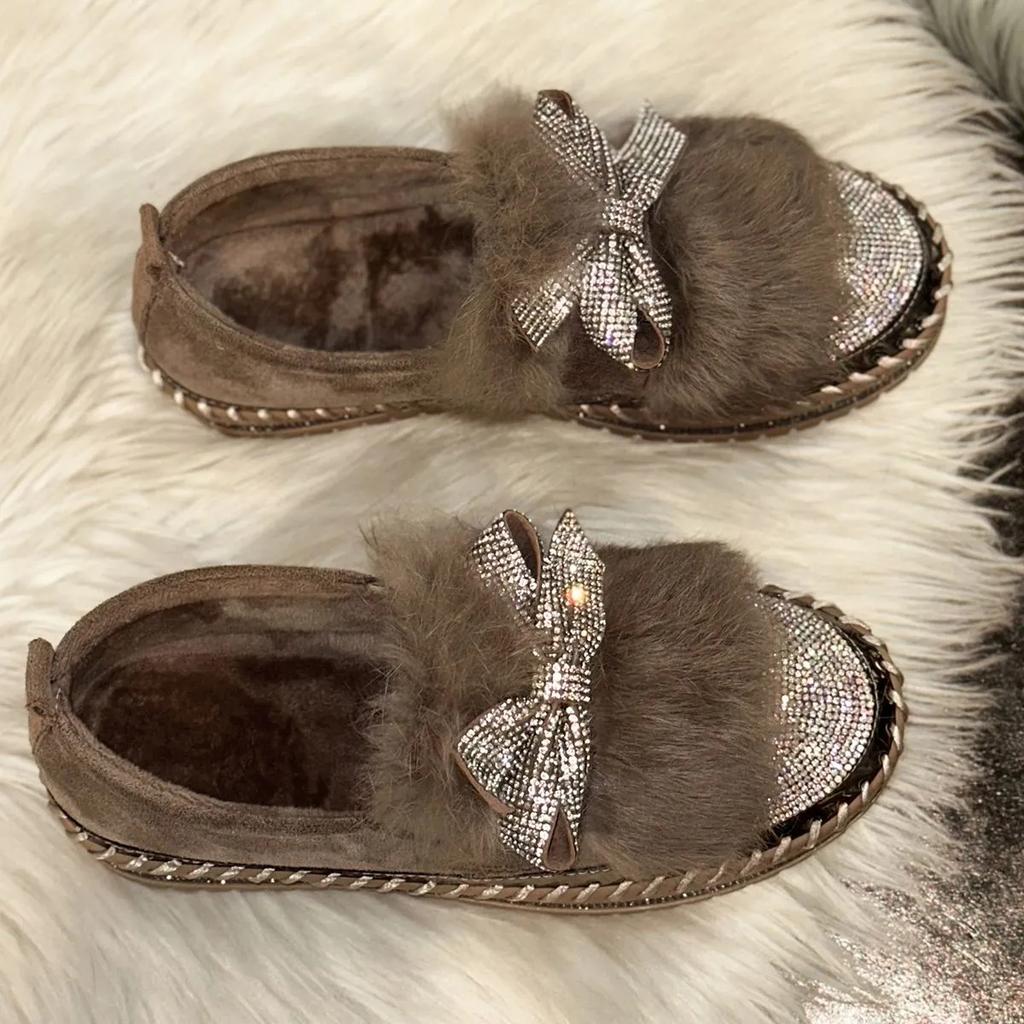Aphixta Furry Crystal Bow Dec Women's Casual Shoes 3cm Flat Platform Loafers Short Plush Warm Autumn Winter Woman Flats Size 43