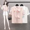European Style Sleek V-Neck Tie Short-Sleeve Shirt for Women - Summer 2025
