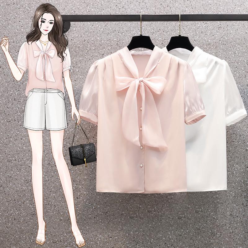 

Европейский стиль, элегантная рубашка с V-образным вырезом и короткими рукавами для женщин - Лето 2025 XL розовый