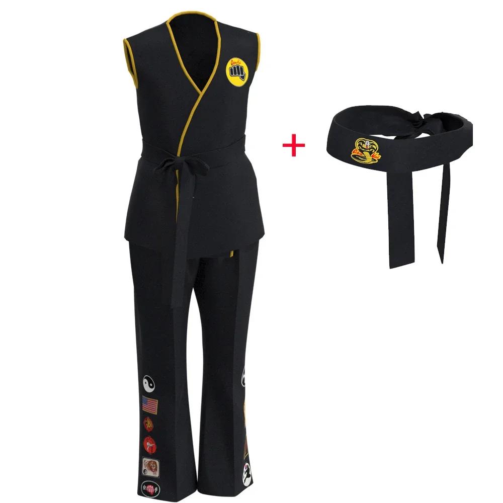 Karate Kids KOF Cobra Kai Cosplay Kostuum Kind Volwassene Zwart Wit Kimono Uniform Hoofdband Anime Halloween Feestpak Trainingspak Kids 100-110cm&Cobra Kai