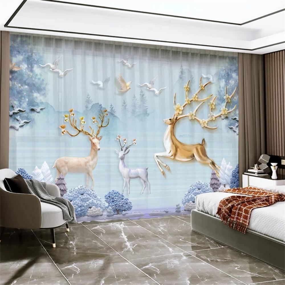 New Chinese Style Luxury Gold Elk Lucky Fortune Curtain Bedroom Living Room Kitchen Blinds Curtain 2 Panels High Shading New