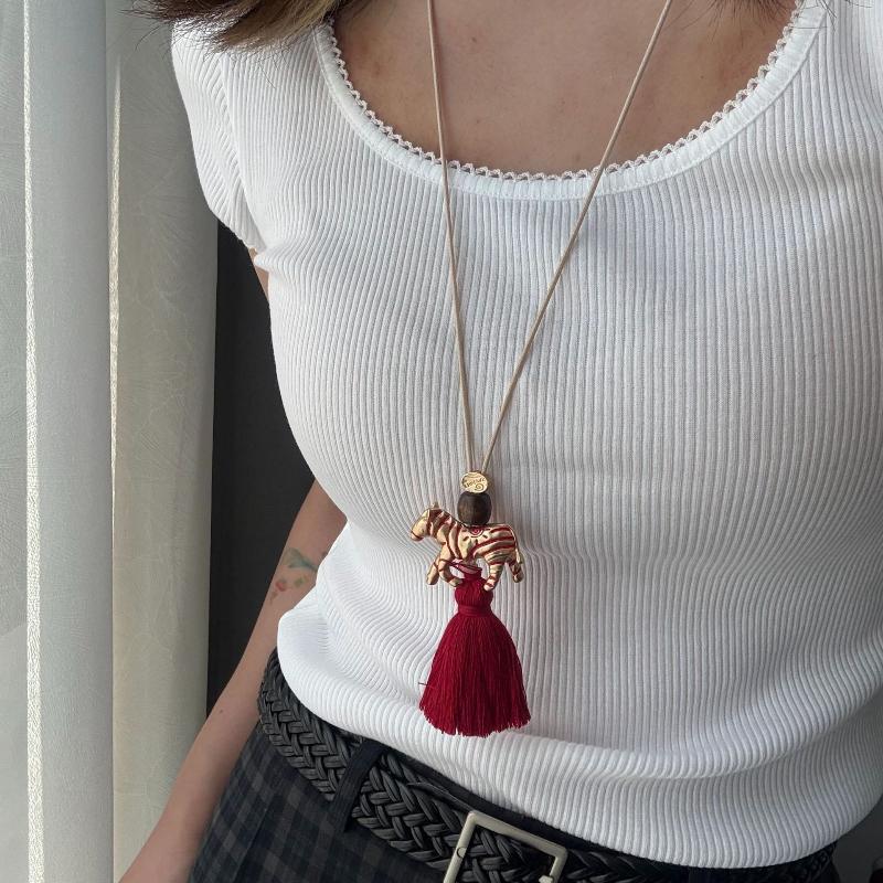 Natural Minimalist Design Zebra Tassel Long Pendant Necklaces For Women  Versatile Adjustable Sweater Chain Jewelry