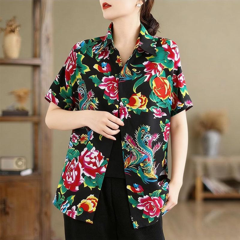 Women's Northeast Peony Floral Long-Sleeve Shirt Jacket - Ethnic Charm, Perfect for Spring/Fall Layering, Unique, Ideal As a Couple's Shirt.