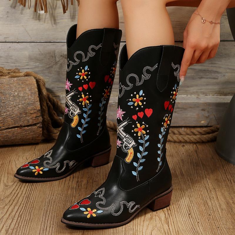 Large Size Long Embroidered Boots Thick Heel Women's High Boots Women's