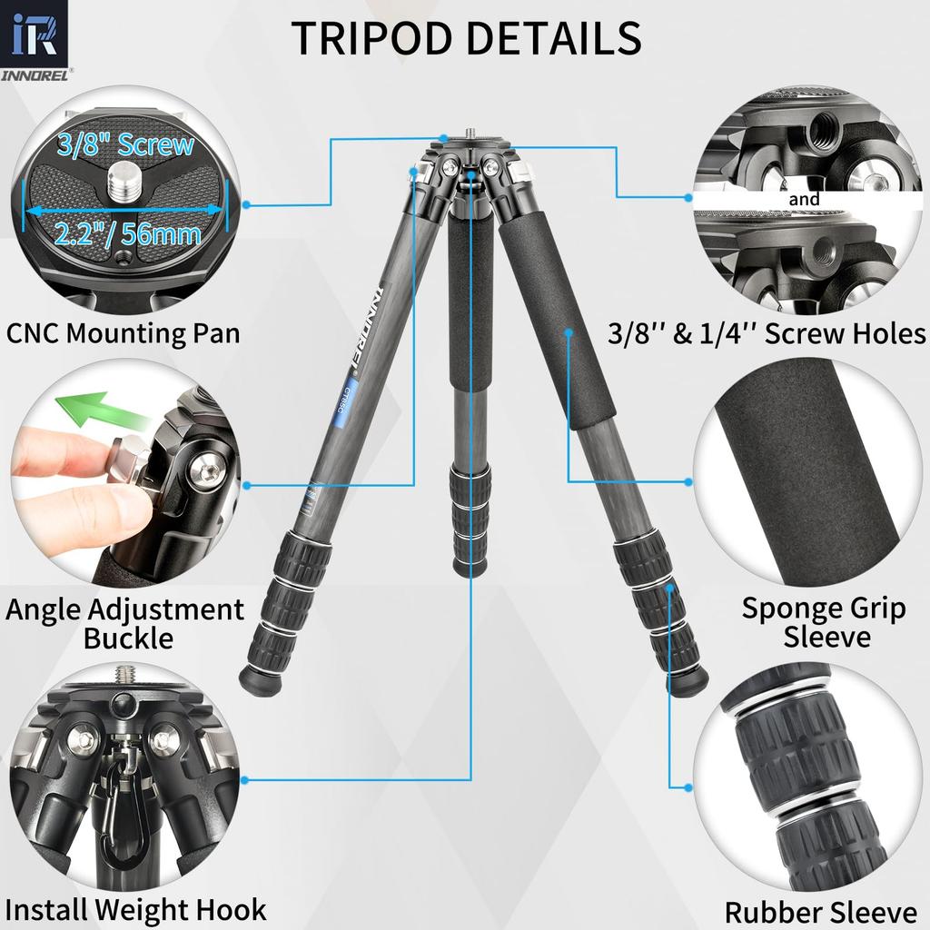 INNOREL Carbon Fiber Camera Tripod with Ball Telescopic Extendable Working Pipe 25kg Maximum Load Panoramic Macro Video Digital Portable Tripod with