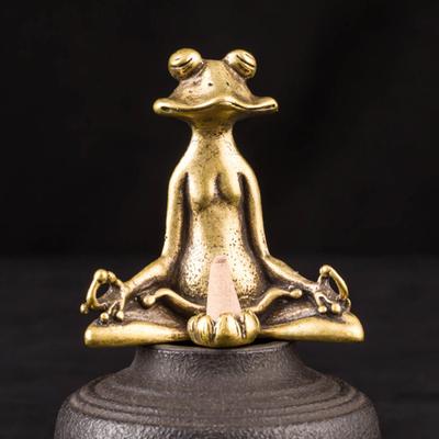 Statua scultura rana Zen seduta in ottone vintage con supporto per incenso, scrivania