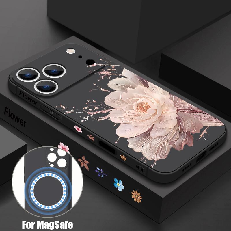 

INS Colorful Flowers Pattern Case For iPhone 16 Pro Max Magnetic For Magsafe Soft Cover For iPhone 17 15 14 13 Pro Max 17E 16E iPhone 16e/17e чёрный
