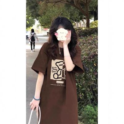 Damski T-shirt American Retro w rozmiarze plus size z brązowym kreskówkowym nadrukiem - Letni, z czystej bawełny, w stylu high street, o luźnym kroju, modny top z krótkim rękawem