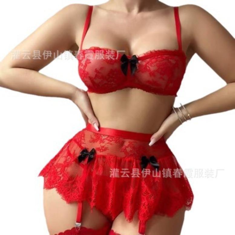 Sexy lingerie lace perspective splicing three-point bra set mesh garter belt women