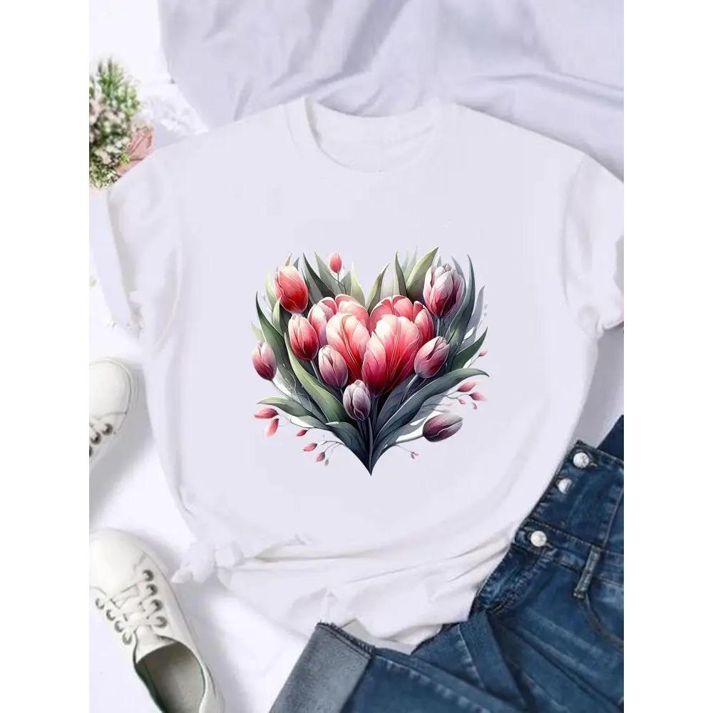 Flower Style Trend Cute Fashion Women Graphic T Shirt Print T-shirts Stylish Short Sleeve Top Clothing Ladies Female Tee T-Shirt