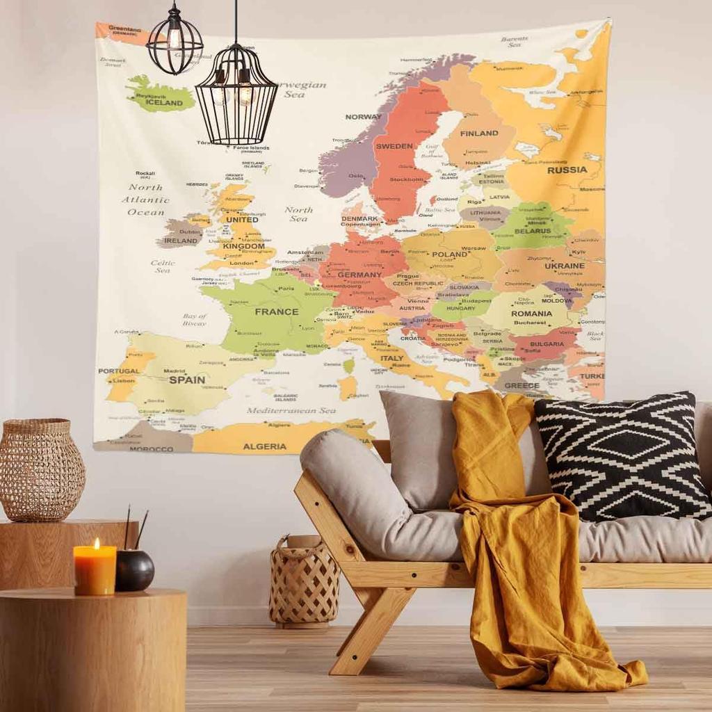 BULOR  Map Tapestry Wall Hangings EU Euro Vintage Map with Countries Cities Tapestry For Kids Student Bedroom Living Room Dorm Cave Background