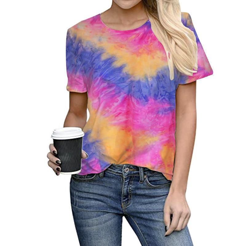 Floral 3D Printed Short Sleeved T-shirt Summer Breathable Polyester Simple Round Neck Top