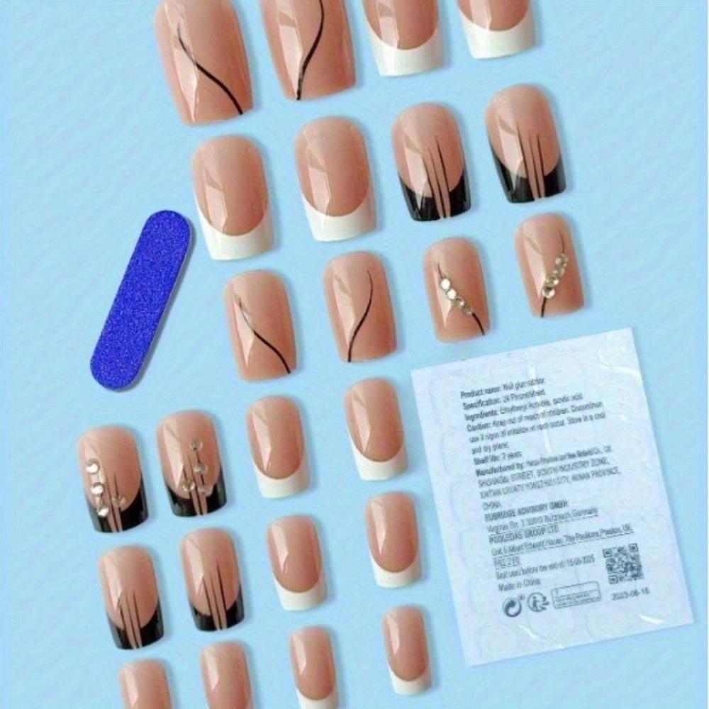 24pcs of Medium And Long French White Lines with Diamond-Encrusted Fingernail Nail Patch Creative Design Nail Patch Perfect Gift for Ladies.