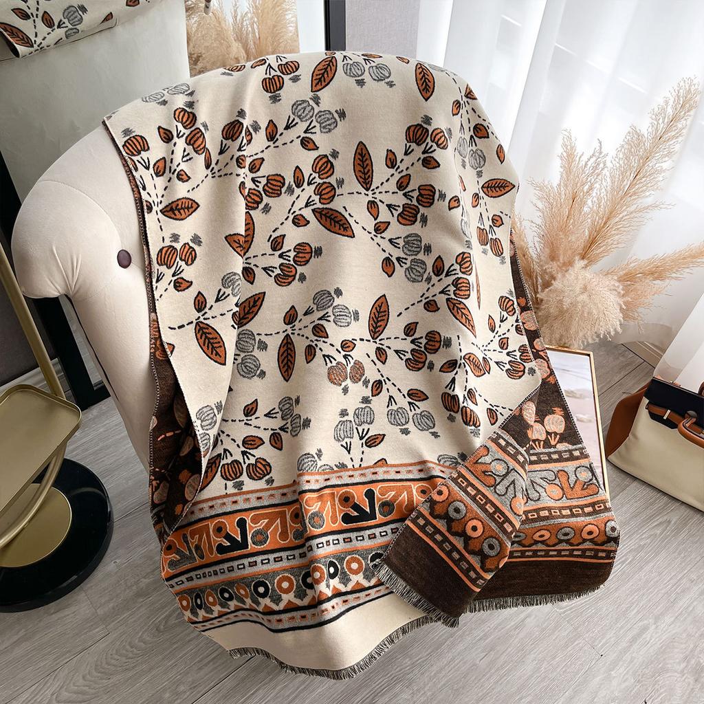 Autumn And Winter Leaf Printing Thickened Warm Women'S Shawl Imitation Cashmere Skin-Friendly Short Fringed Scarf