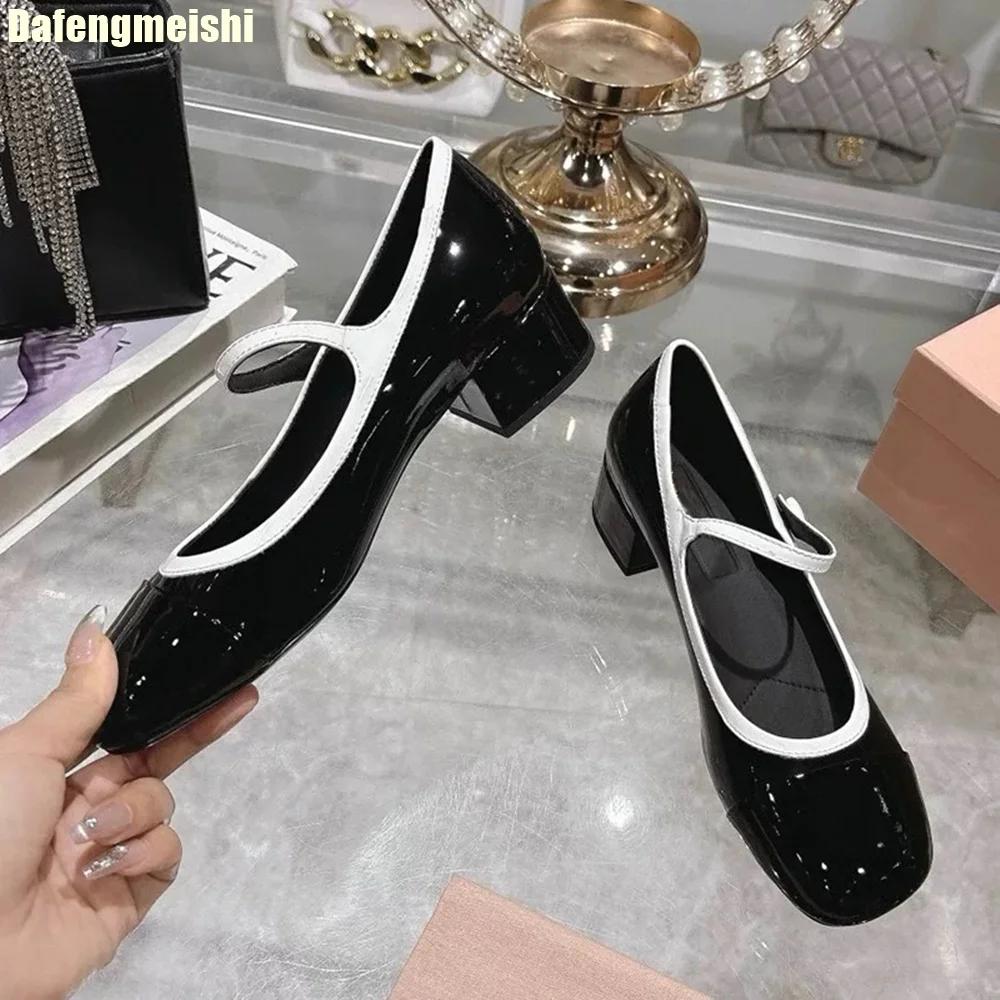 Fashion 2025 Spring New One-Strap Fashionable Button Mary Jane Shoes Women Shiny Patent Leather Round Toe Shallow Medium Heel Pumps