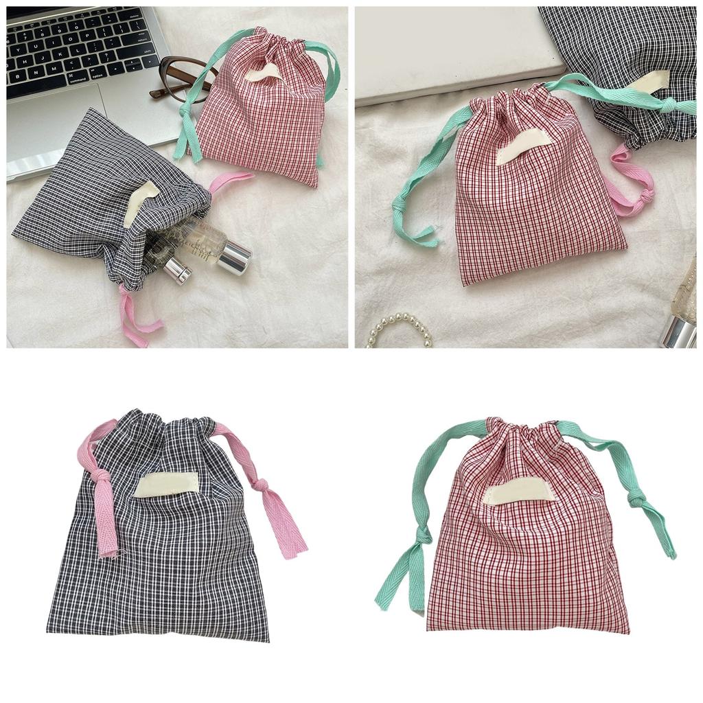 Cosmetic Bag Plaids Toiletry Bag Makeup Bag Lipstick Storage Pouch Drawstring Wash Bag Candy Bag for Women and Girls