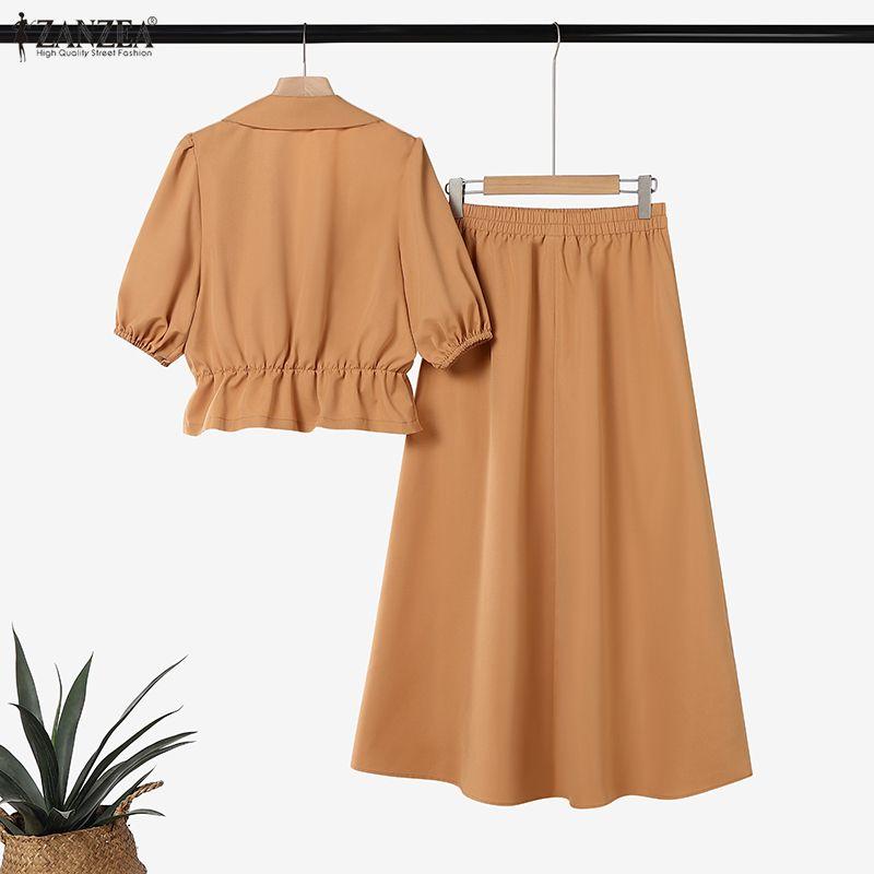 ZANZEA Women Short Sleeve Blouse and Long Skirt Casual Two Piece Suit Sets