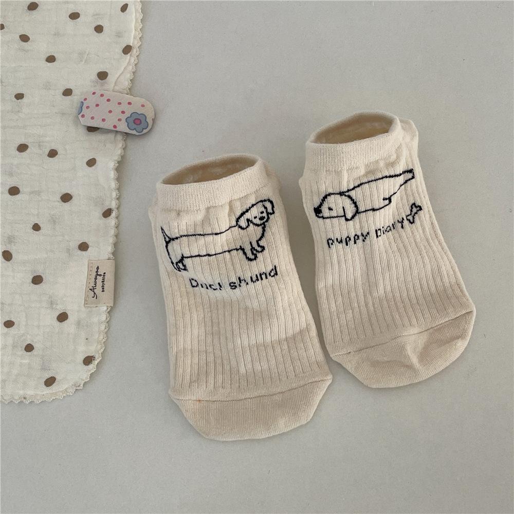 Ladies Summer Preppy Casual Puppy Embroidered Breathable Short Boat Socks