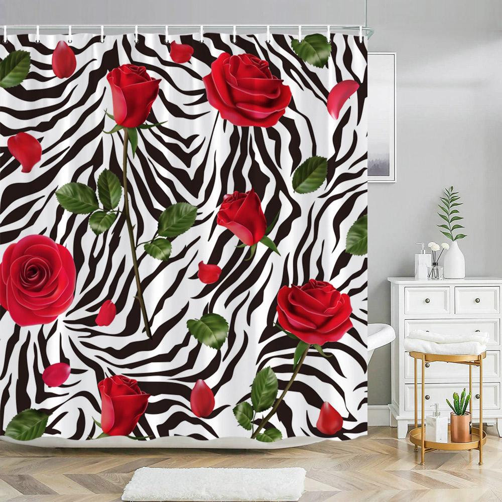 Paris Eiffel Tower Pink Shower Curtain Valentine's Day Flowers and Butterflies Polyester Washable Shower Curtains Bathroom Decor