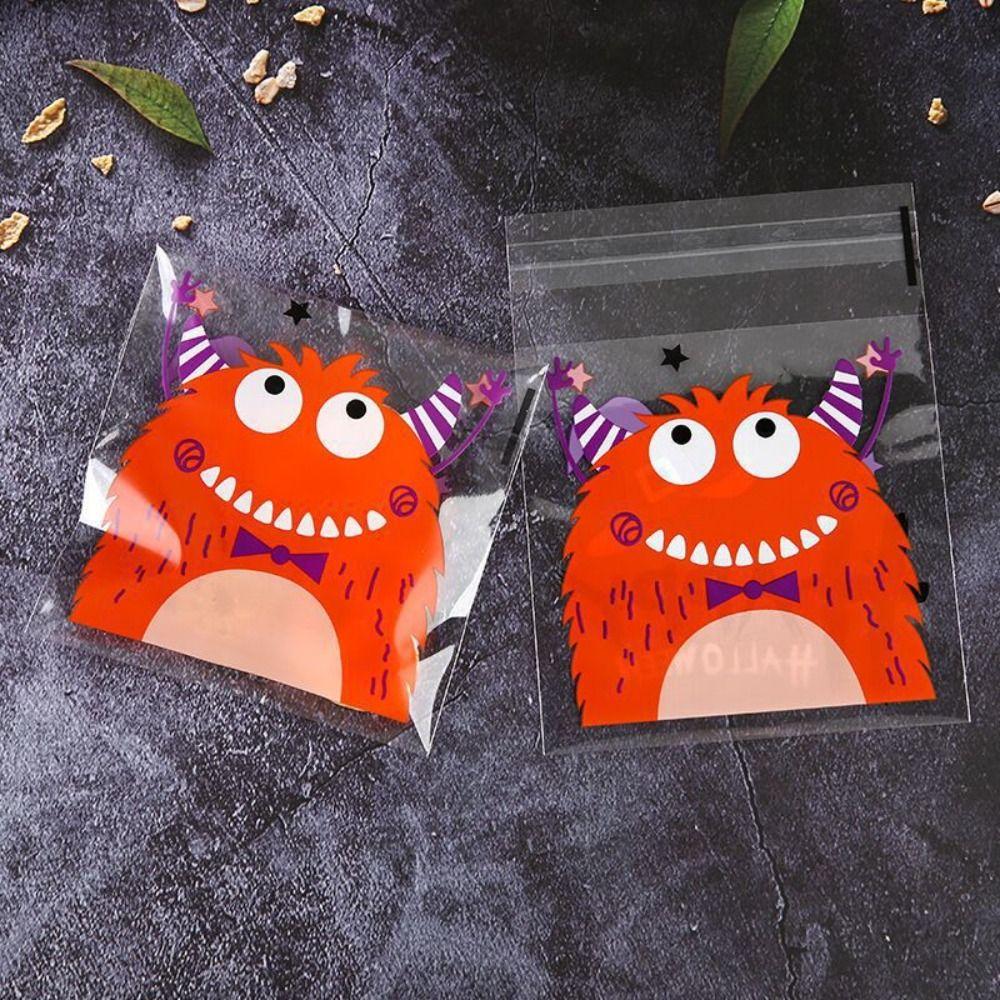 100PCS Pumpkin Halloween Plastic Candy Pouch Ghost Halloween Biscuit Gift Bag   Halloween
