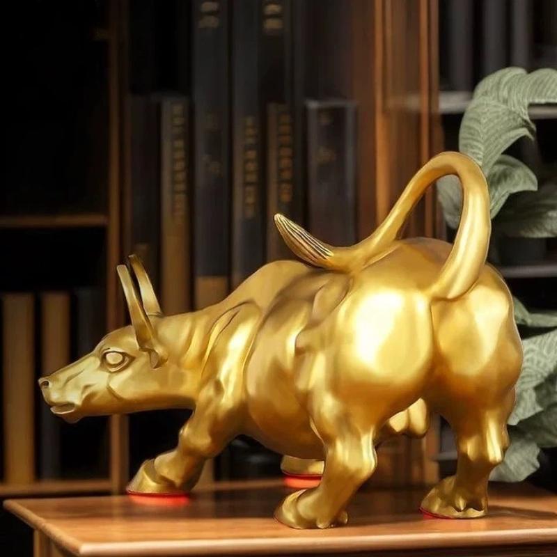 Wall Street Copper Bull Statue – Golden Charging Bull Figurine for Home & Office Decor, Luck and Success Gift