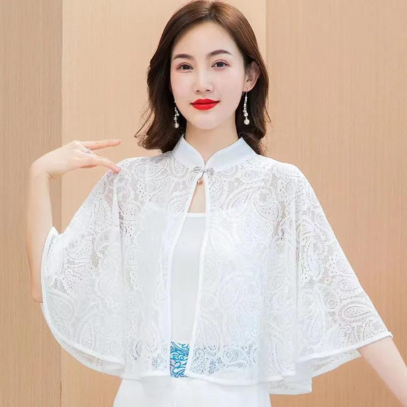 

Весенне-летний шалевый кардиган Тонкий шарф Длинный рукав Кружево Темпераментный Кардиган Верхняя одежда Плечо Ложный воротник Наружу Универсальный Пончо белый