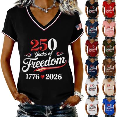 Women's Casual V Neck Short Sleeve Pullover Printed T-Shirt Top