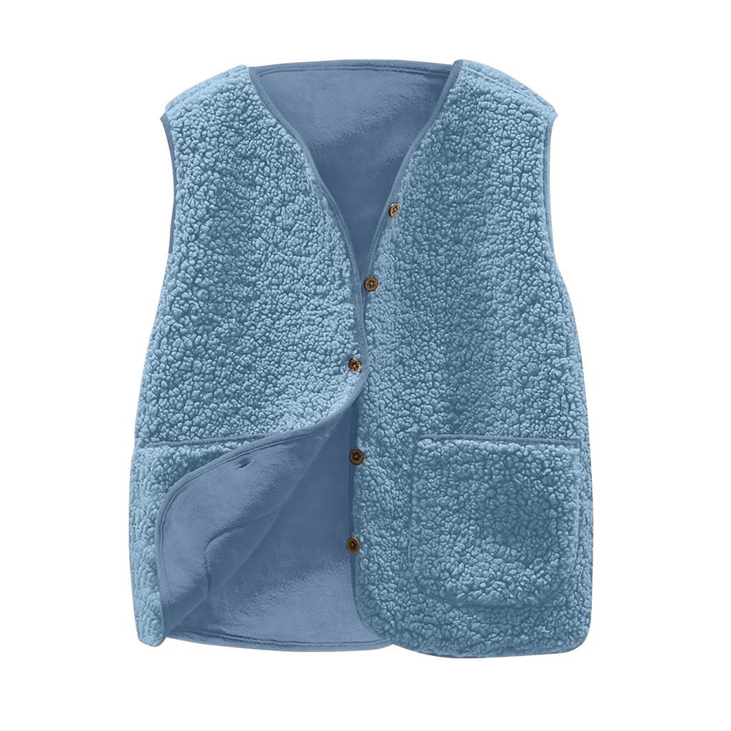 Women's V Neck Sleeveless Fleece Vest Loose Fit Casual Warm Waistcoat Jacket