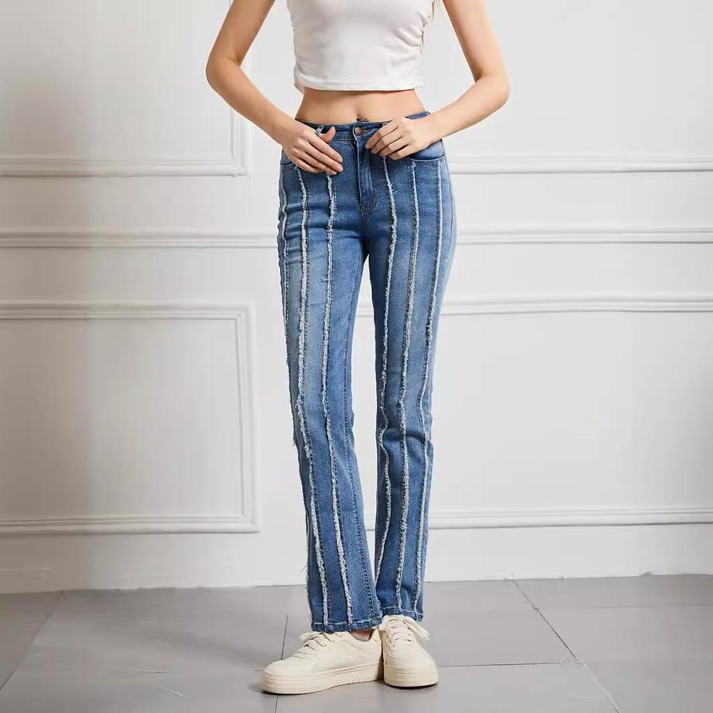 GMXIA Damen Jeans Slim High-Waist Hohe Elastische Hose Große Größe Damenhose Roher Rand Spleiß