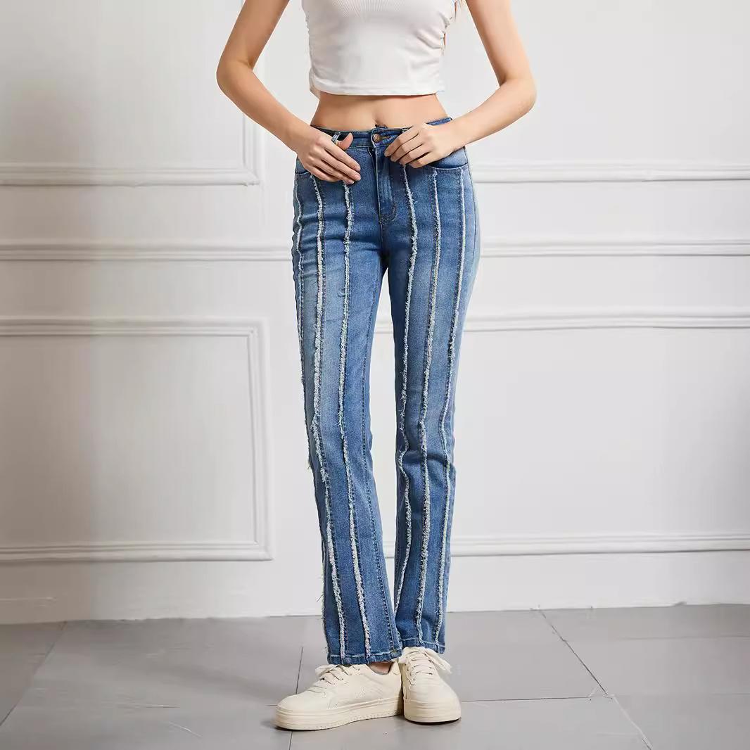 GMXIA Women s Jeans Slim High-waisted High Elastic Trousers Large Size Women s Trousers Raw Edge Splicing S синий