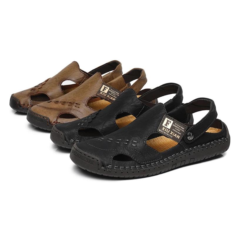 Men's Summer Sandals Leather Comfortable Slip-on Casual Sandals Fashion British Men Slippers Big Size 38-48 Outdoor Retro Gents