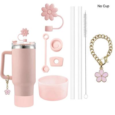 9-teiliges Zubehörset: 3 auslaufsichere Stopper, Blumen, Strohhalmabdeckung, Stiefel, 2 Strohhalme und Bürste und 1 Blumenanhängerkette für den Stanley Cup
