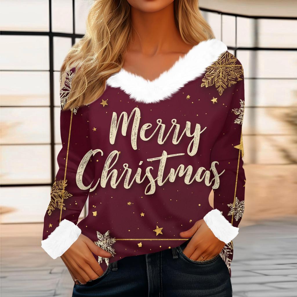 Women's Casual Fashion Long Sleeve Christmas Printed Flannel Collar Top