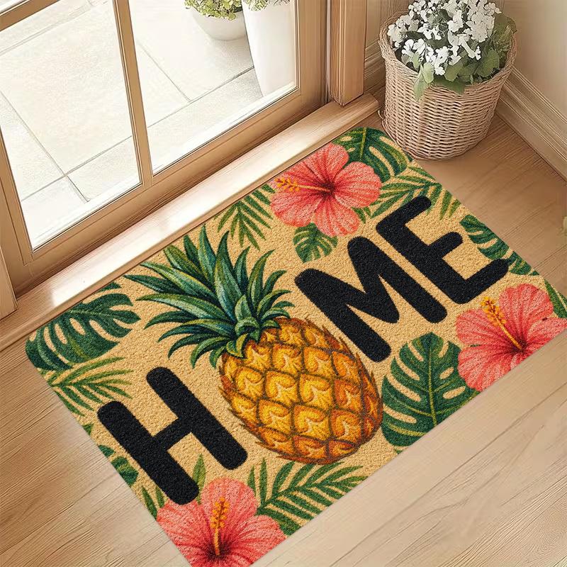 Pineapple Home Rectangle Door Mat Tropical Hibiscus Non-Slip Welcome Rug for Balcony Indoor House Decor