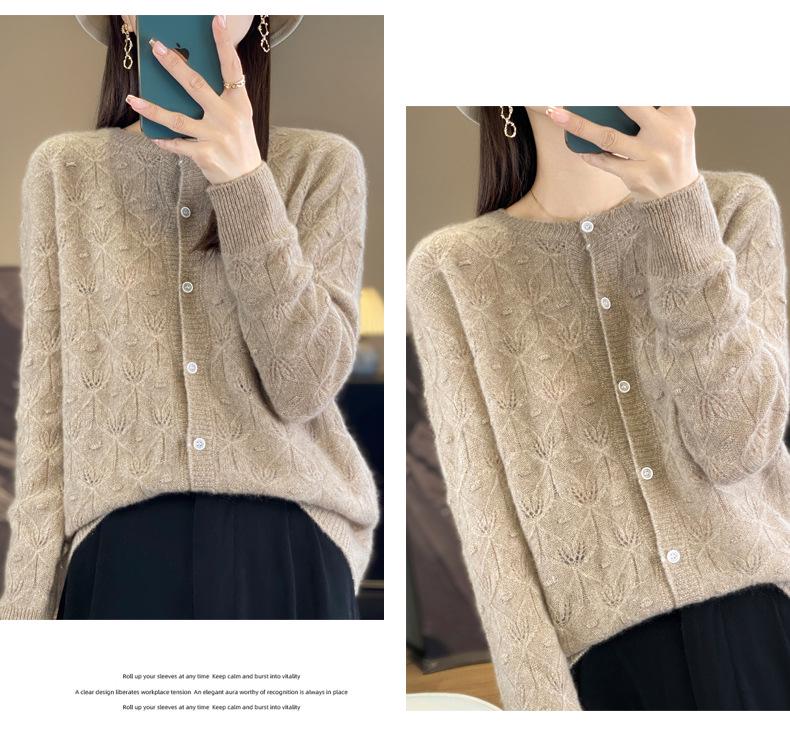 Women's Round Neck Long Sleeve Wool Cardigan - Hollow Jacquard Knit Sweater Jacket