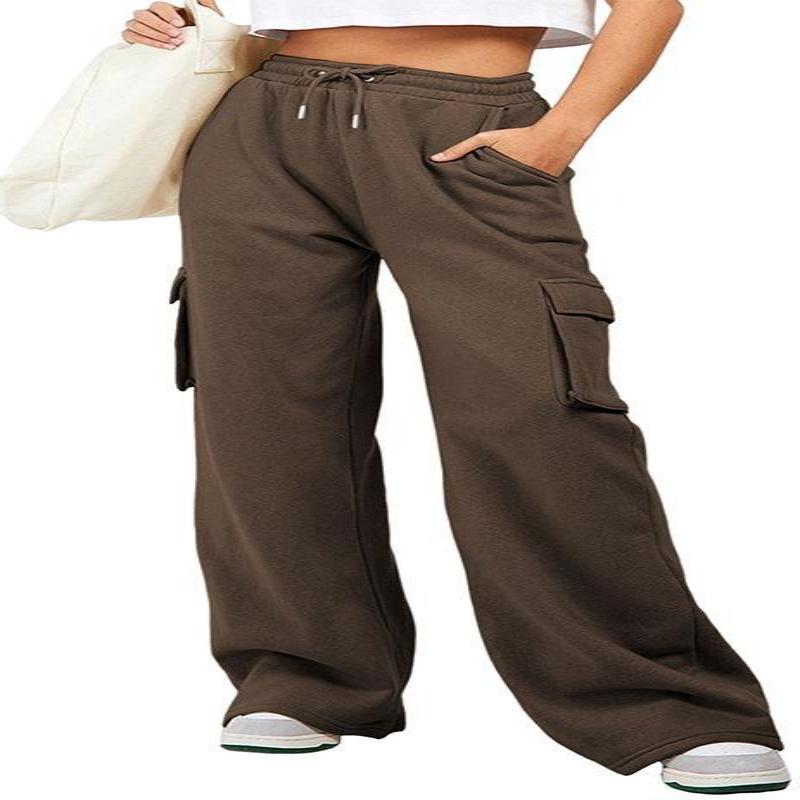 Women's Solid Color Drawstring High Waist Cargo Pocket Wide Leg Sweatpants Casual Loose Fit Sport Trousers