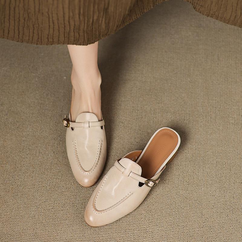Fashion NEW Summer Women Mules Genuine Leather Shoes for Women Round Toe Chunky Heel Shoes Cover Toe Slingback Sandals Buckle Slippers